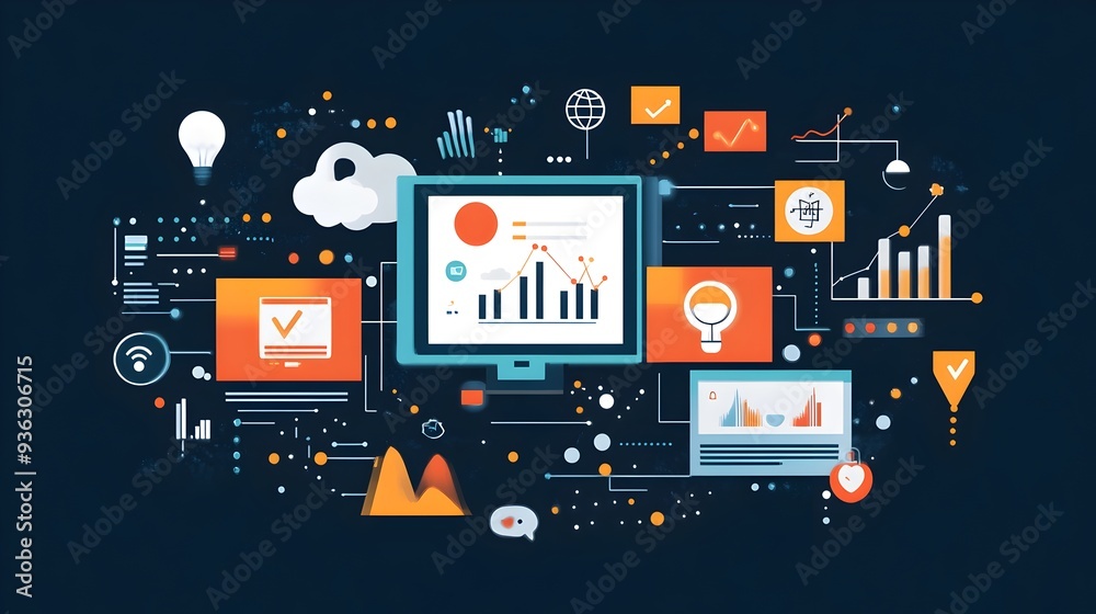 Poster dynamic digital marketing concept featuring a screen display with various icons charts and data visu