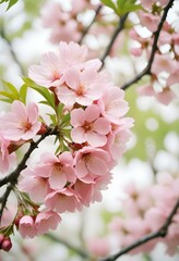 Obraz premium A pink cherry blossom tree and branches with delicate pink flowers blooming against a warm neutral white background