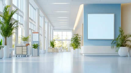 Obraz premium Large blank billboard in a hospital lobby with bright, clinical lighting, ideal for medical service promotions
