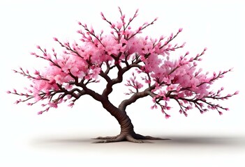 A pink cherry blossom tree and branches with delicate pink flowers blooming against a warm neutral  white background
