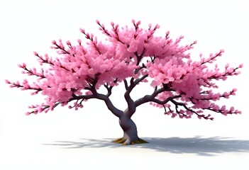 A pink cherry blossom tree and branches with delicate pink flowers blooming against a warm neutral  white background