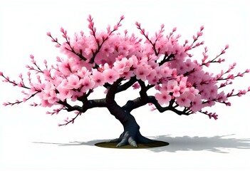 Fototapeta premium A pink cherry blossom tree and branches with delicate pink flowers blooming against a warm neutral white background
