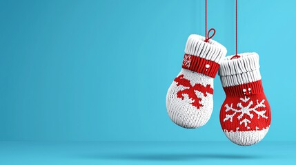 Cozy Christmas mittens hanging against a bright blue background, perfect for evoking winter warmth and festive cheer.