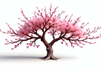 Obraz premium A pink cherry blossom tree and branches with delicate pink flowers blooming against a warm neutral white background
