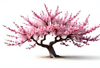 Fototapeta premium A pink cherry blossom tree and branches with delicate pink flowers blooming against a warm neutral white background