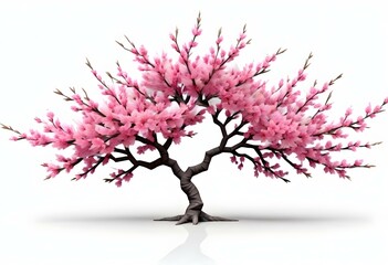 Obraz premium A pink cherry blossom tree and branches with delicate pink flowers blooming against a warm neutral white background
