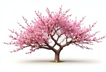 A pink cherry blossom tree and branches with delicate pink flowers blooming against a warm neutral  white background