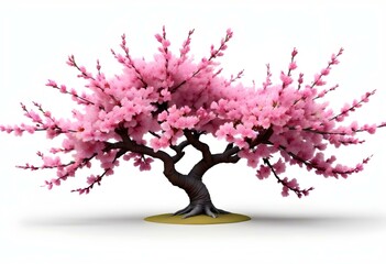 A pink cherry blossom tree and branches with delicate pink flowers blooming against a warm neutral  white background