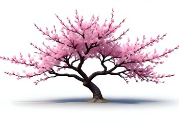 Obraz premium A pink cherry blossom tree and branches with delicate pink flowers blooming against a warm neutral white background
