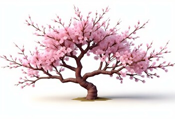 Obraz premium A pink cherry blossom tree and branches with delicate pink flowers blooming against a warm neutral white background