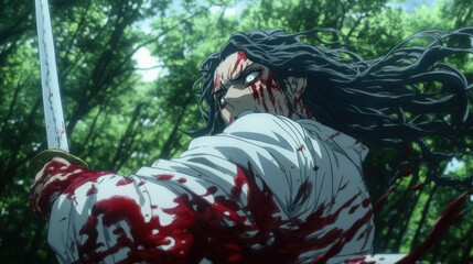 character with long black hair and red streaks on their face,