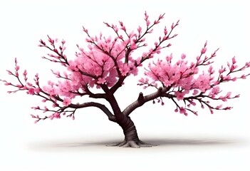 A pink cherry blossom tree and branches with delicate pink flowers blooming against a warm neutral  white background