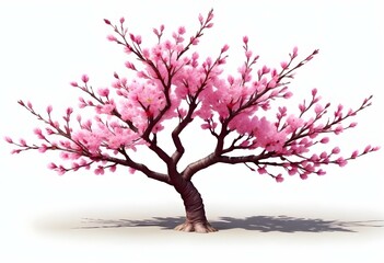 Obraz premium A pink cherry blossom tree and branches with delicate pink flowers blooming against a warm neutral white background