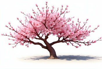 Obraz premium A pink cherry blossom tree and branches with delicate pink flowers blooming against a warm neutral white background