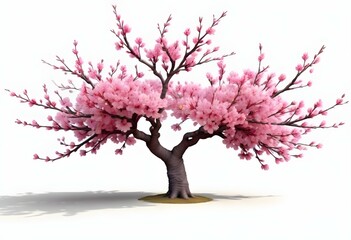Obraz premium A pink cherry blossom tree and branches with delicate pink flowers blooming against a warm neutral white background