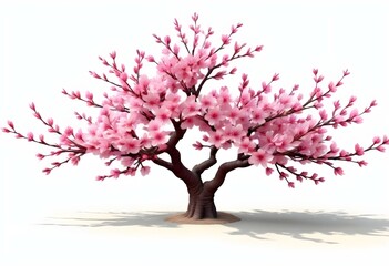 Obraz premium A pink cherry blossom tree and branches with delicate pink flowers blooming against a warm neutral white background