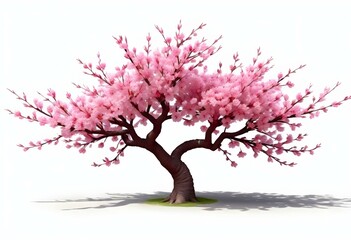 Fototapeta premium A pink cherry blossom tree and branches with delicate pink flowers blooming against a warm neutral white background
