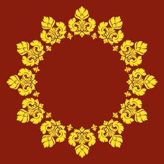 Vector gold round ornament damask.round damask frame design.Ethnic plant circle, border. Frame, flower and leaves ring.