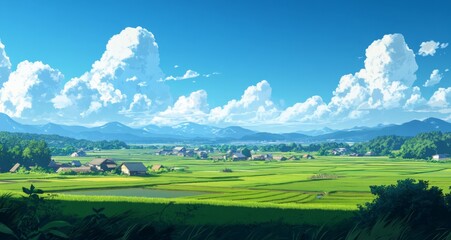 Obraz premium Vast Grassland with Green Pastures, Blue Sky, White Clouds, and Grazing Cows in the Distance