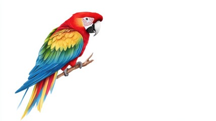 Obraz premium A vibrant and colorful parrot perched on a branch, showcasing its stunning feathers against a white background.