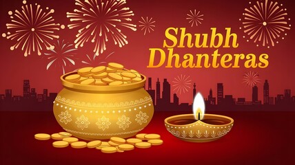 golden coin kalash for shubh dhanteras greeting wallpaper vector