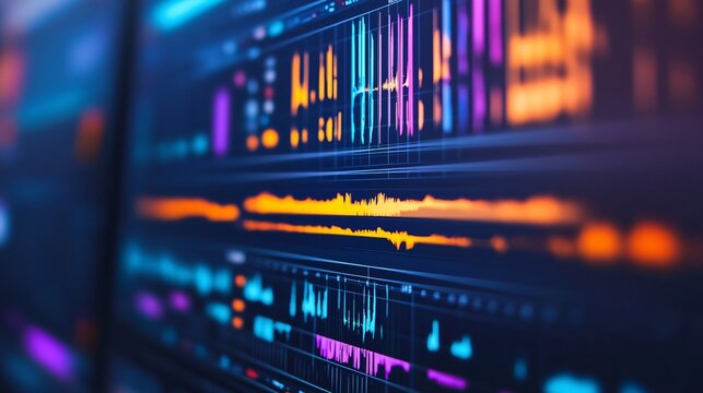 Close-up of a music editing software interface on a computer screen, showcasing audio tracks and mixing tools, against a light solid color background