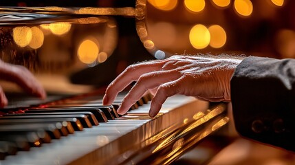 A close-up of a musician's hands skillfully playing a grand piano, with a blurred background highlighting the keys and their expression