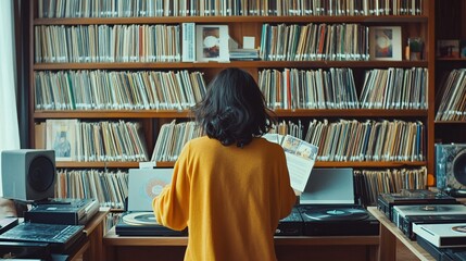 A music librarian organizing an extensive collection of vinyl records in a modern library, showcasing the diversity of music genres