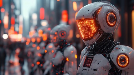 Fototapeta premium Futuristic robots with glowing features stand in a neon-lit cityscape, embodying advanced technology and innovation.
