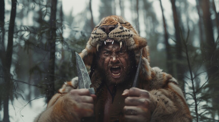 Fierce warrior in saber-toothed tiger skin wielding knives in snow.