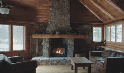 A cozy living room with a stone fireplace in a cabin