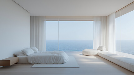 A bedroom with a large window overlooking the ocean