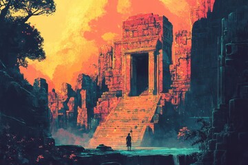 A lone figure stands before a grand, ancient temple entrance