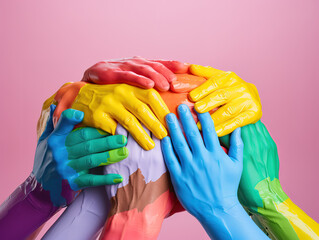 Paper hands on wooden background unity concept.