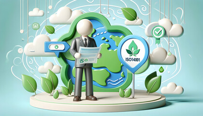 3d Flat icon as Environmental Consultant with Green Map and Certification concept as An image of an environmental consultant with a green map and ISO14001 certification set against a whimsical backgro