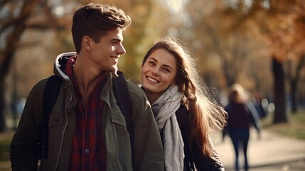 Fototapeta premium young couple in love go for a walk in the park