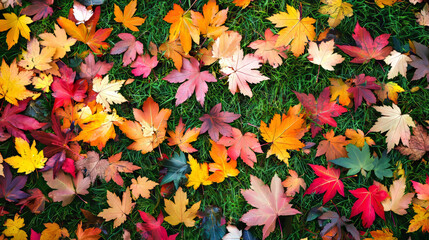 Fototapeta premium A vibrant patch of multicolored maple leaves scattered across a grassy lawn in autumn. 