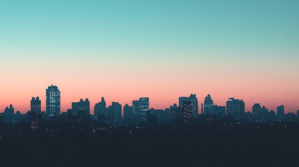 A minimalist cityscape silhouette at dusk, with the skyline reduced to simple, clean lines and soft, fading colors blending into the sky.