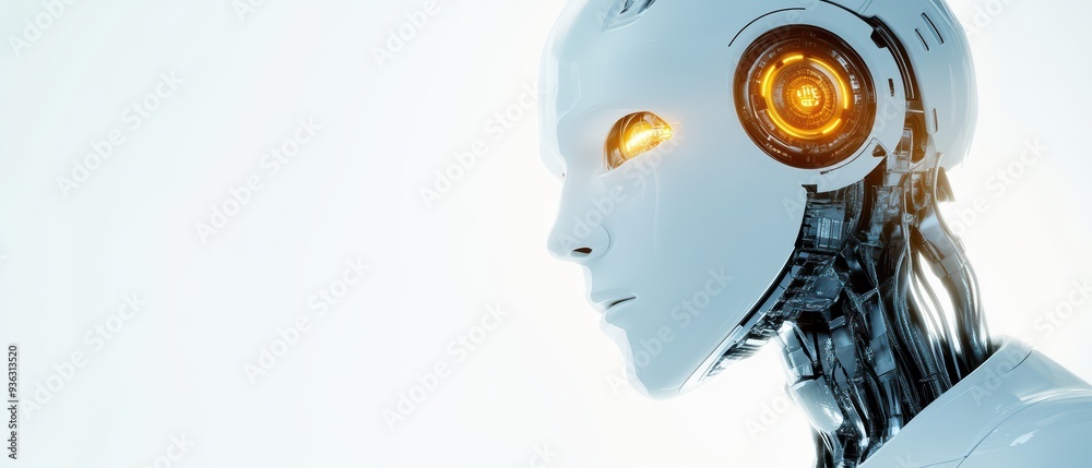 Poster futuristic robot with a sleek design and glowing features, representing advanced technology and arti