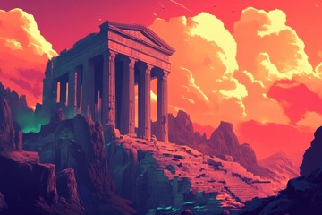 Obraz premium Ancient Temple Ruins Amidst Dramatic Mountainous Landscape