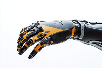 Naklejka premium Futuristic robotic hand showcasing advanced technology and design with sleek lines and vibrant orange accents.