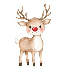 watercolor drawing of a cute happy reindeer with a red nose