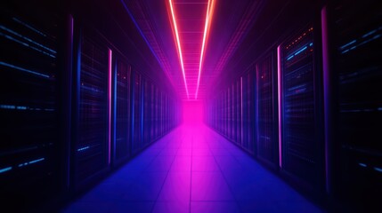 Fototapeta premium Futuristic server room with vibrant lights, creating a high-tech atmosphere. Perfect for technology and data center themes.