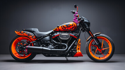 Obraz premium modern motorcycle decorated with Halloween attributes. pumpkins, jack-o-lanterns, bats. horizontal banner