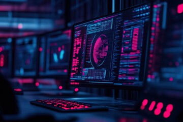 Futuristic workspace with glowing computer screens displaying data and visualizations in a dark environment.