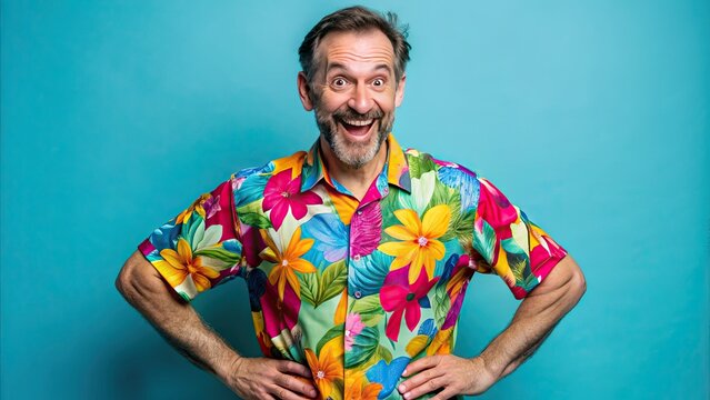 Amused middle-aged man with a goofy grin and raised eyebrows, wearing a brightly colored shirt, stands with hands on hips in a comical pose.