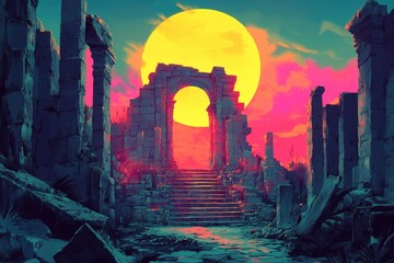 Ancient Ruins with Large Yellow Sun and Pink Sky