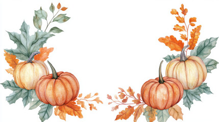 A watercolor wreath featuring autumn leaves and pumpkins, ideal for seasonal designs. 