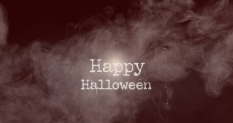 Image of happy halloween text banner over smoke against grey background