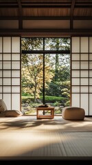Naklejka premium Serene Japanese Living Room with Minimalist Decor and Zen Garden View in Natural Light
